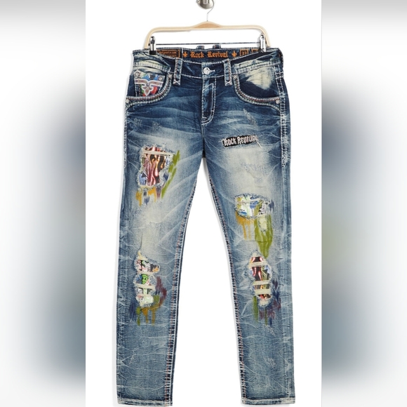 🆕️Rock Exhibition by Rock Revival LE Ruth Distressed Slim Taper Jeans. 40x32 - Picture 3 of 12